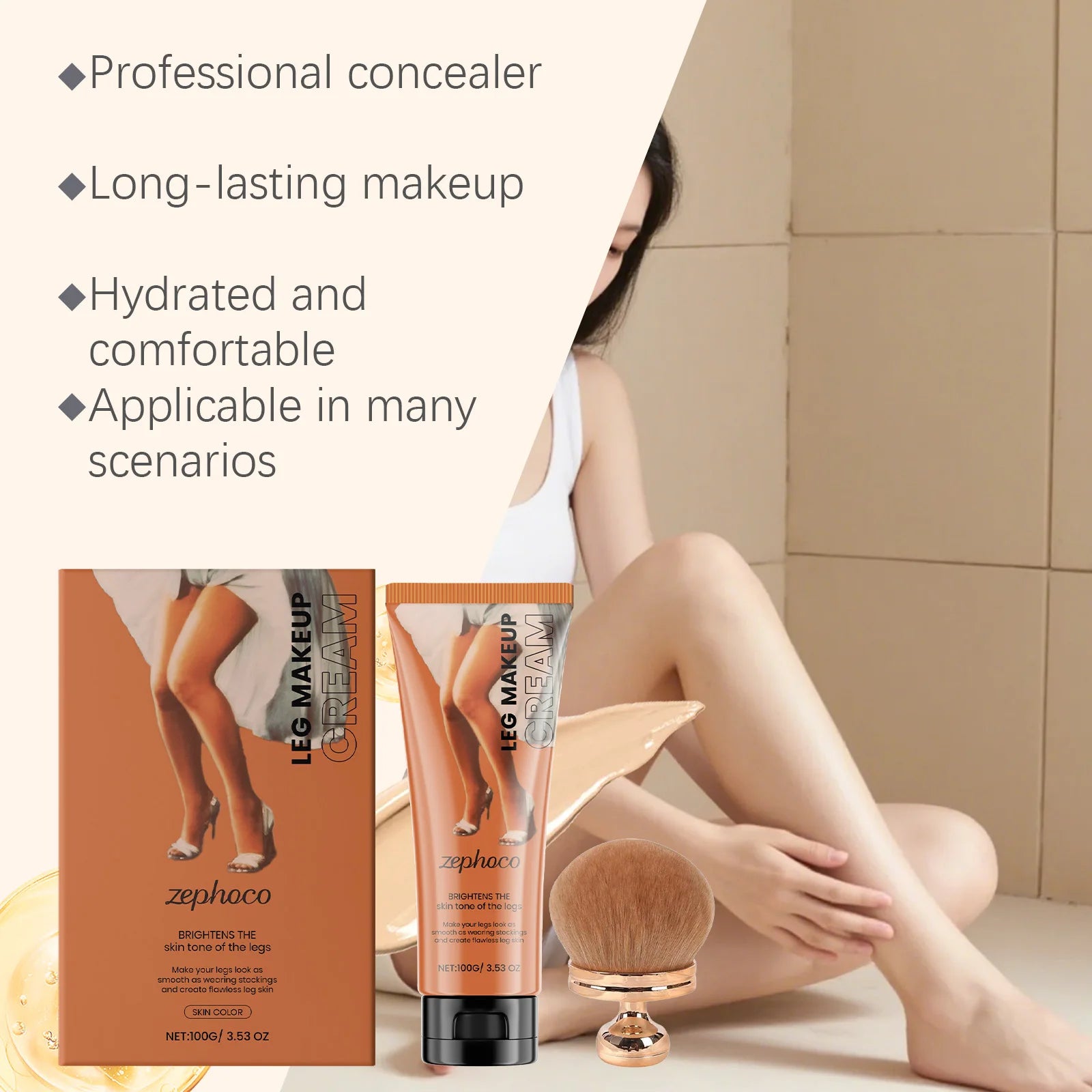 Body Foundation with Brush Set Waterproof Leg Makeup Cream Full Coverage Concealer Scar Veins Niacinamide Physical Sun Protectin