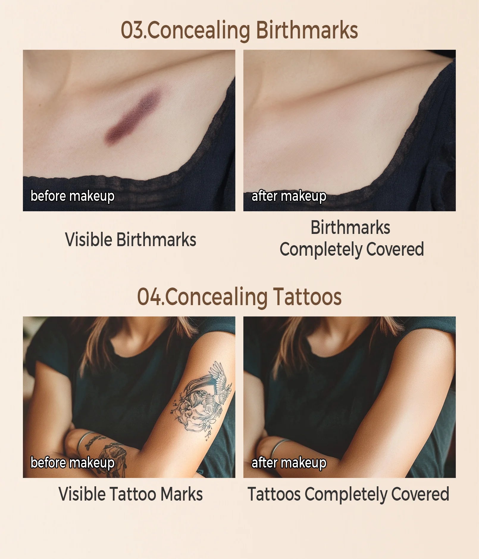 Waterproof Full Coverage Concealer for Tattoos, Scars - Natural Finish Foundation for All Skin Tones & Types
